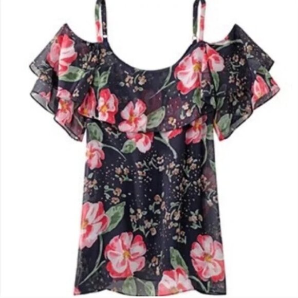 CAbi Tops - CAbi Floral Ruffle Cold-Shoulder Blouse